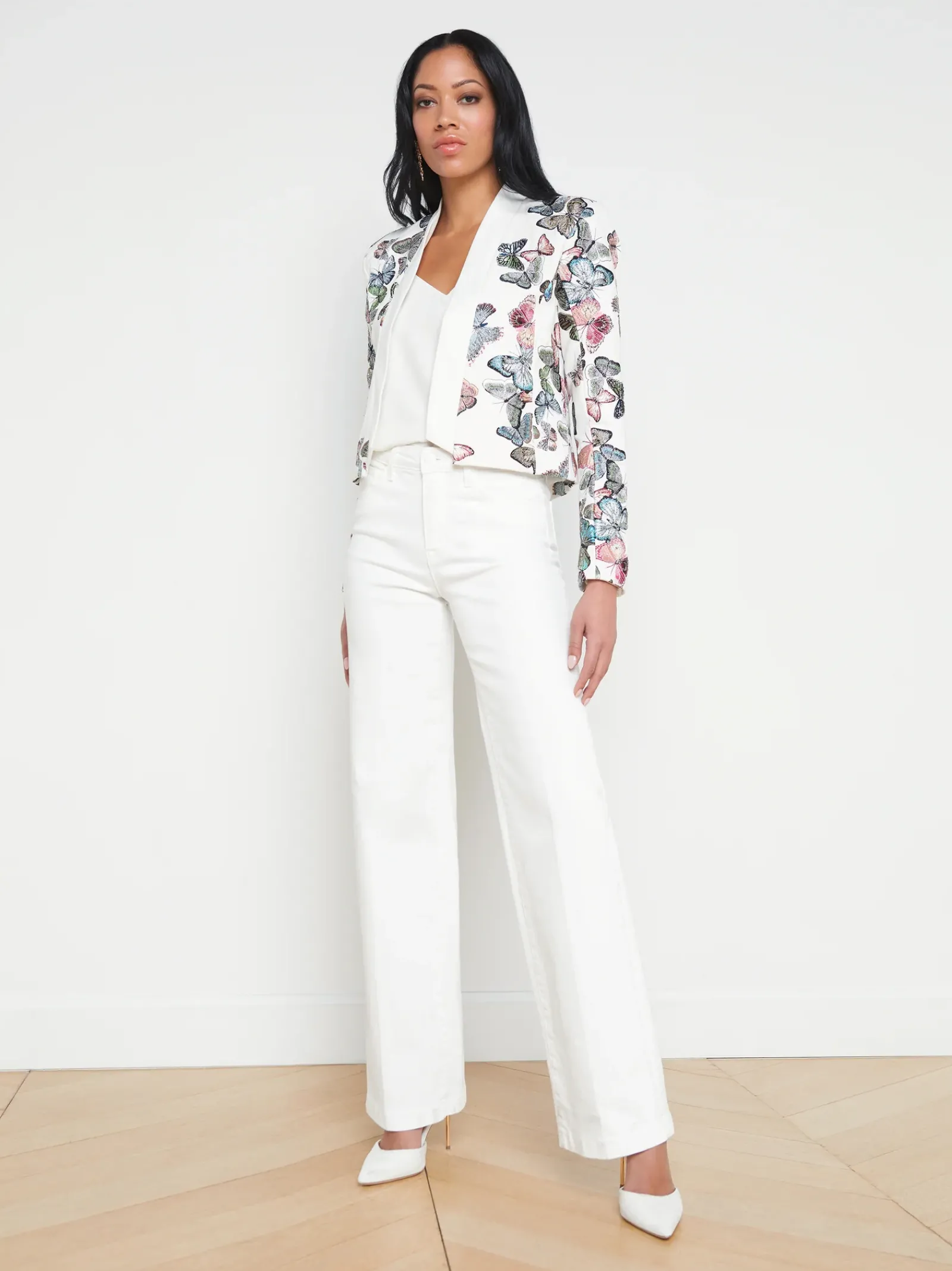 L'AGENCE Back in Stock|Print Edition|Ace Embroidered Jacket Ivory Multi Butterfly Embroidery