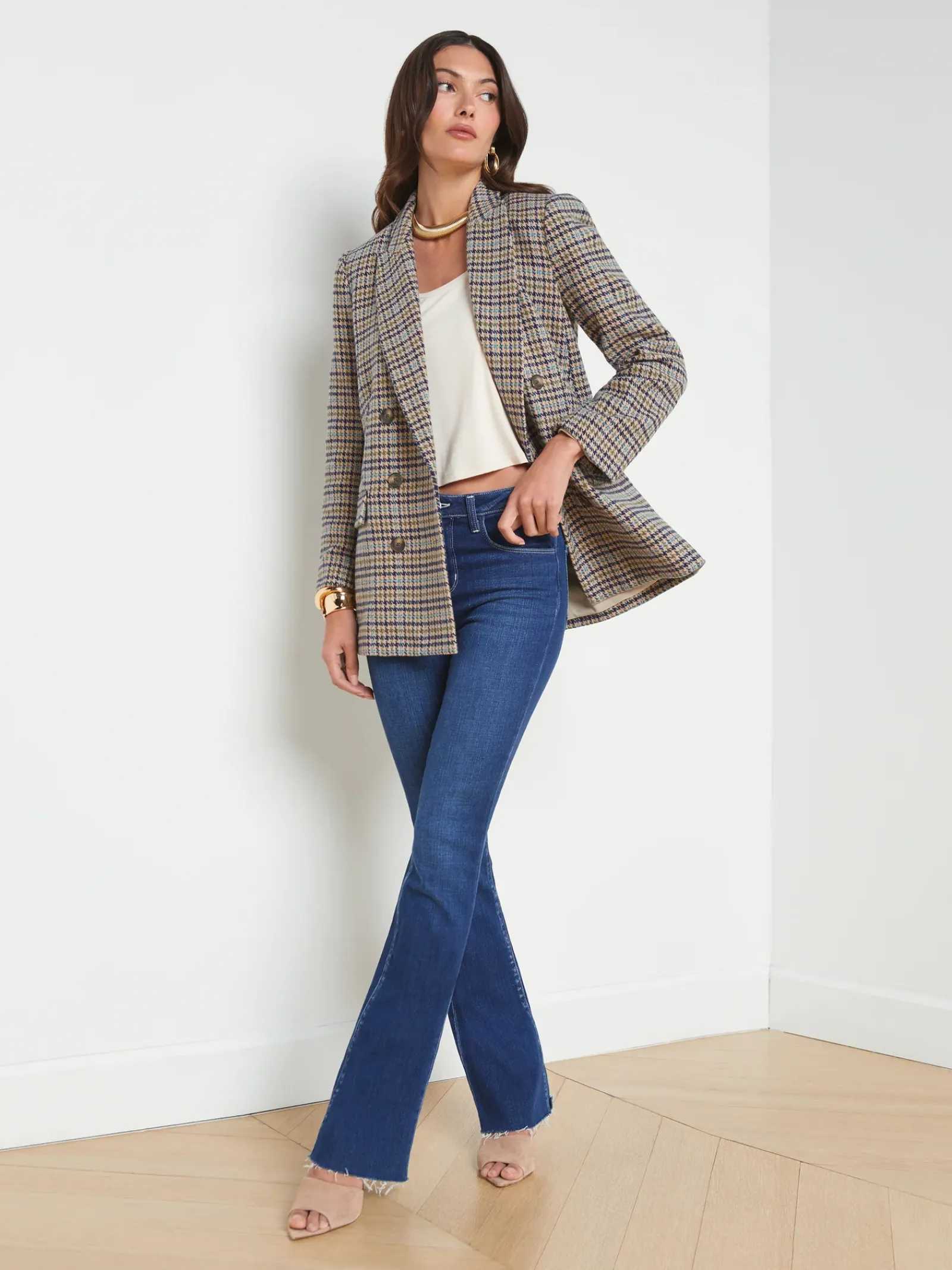 L'AGENCE Spring Collection|Blazers & Jackets|Aimee Oversized Boyfriend Blazer Almond Multi Houndstooth
