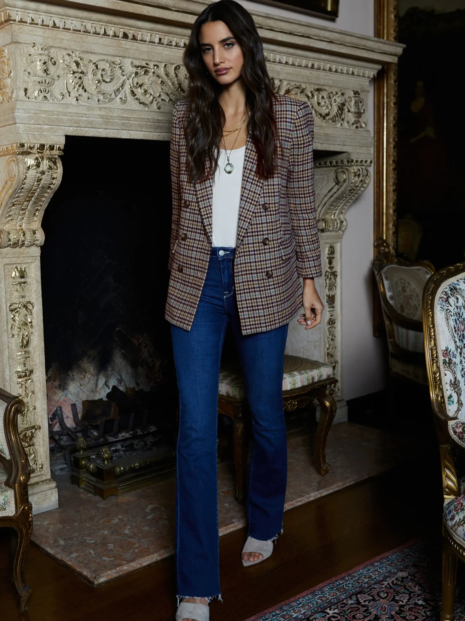 L'AGENCE Spring Collection|Blazers & Jackets|Aimee Oversized Boyfriend Blazer Almond Multi Houndstooth