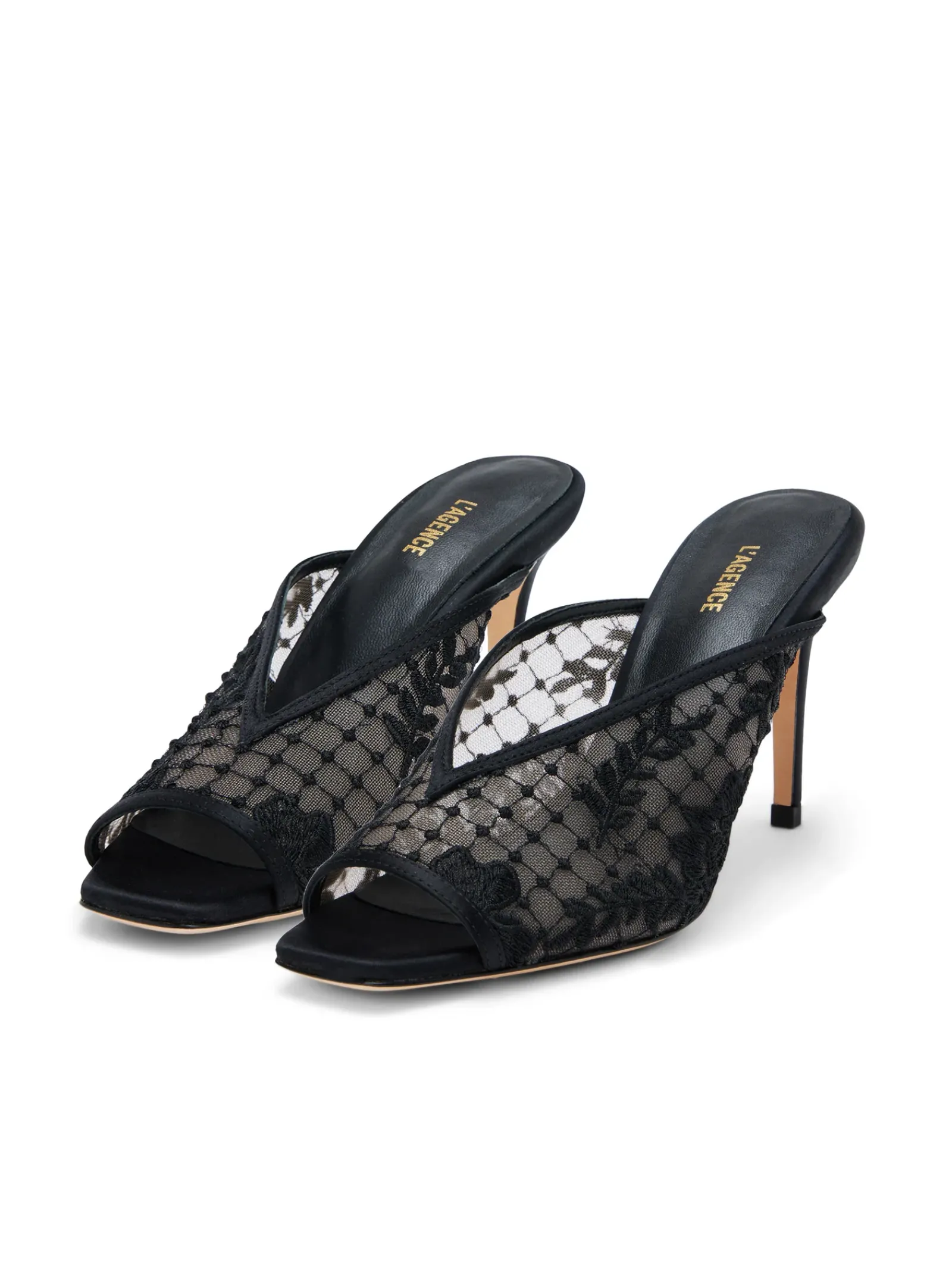 L'AGENCE All Things Black|Amelie Open Toe Mule Black Lace/Satin