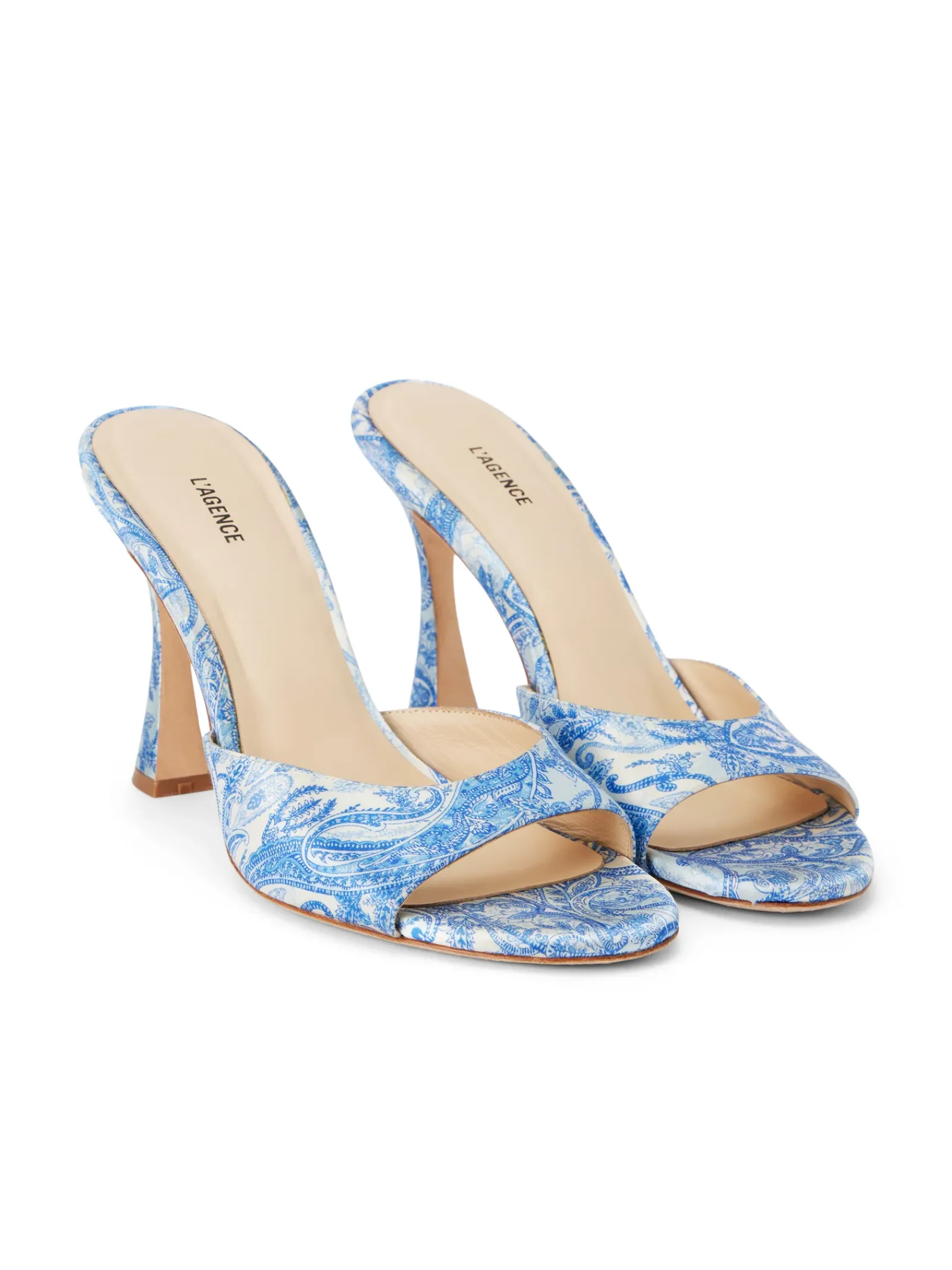 L'AGENCE Mules|Heels & Pumps|Avery Satin Peep-Toe Mule Blue Ivory Paisley Satin