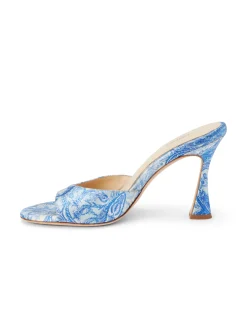 L'AGENCE Mules|Heels & Pumps|Avery Satin Peep-Toe Mule Blue Ivory Paisley Satin