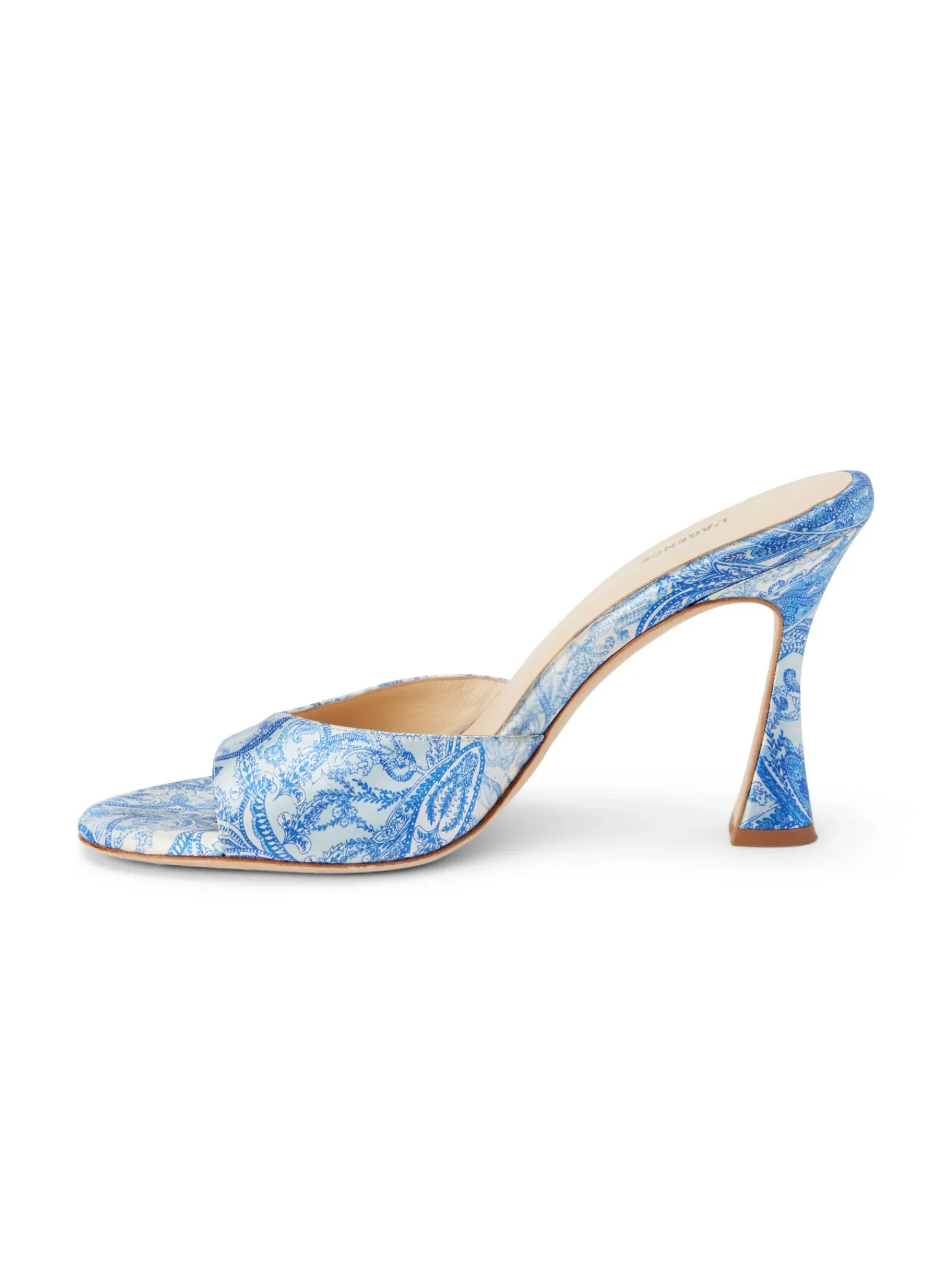 L'AGENCE Mules|Heels & Pumps|Avery Satin Peep-Toe Mule Blue Ivory Paisley Satin