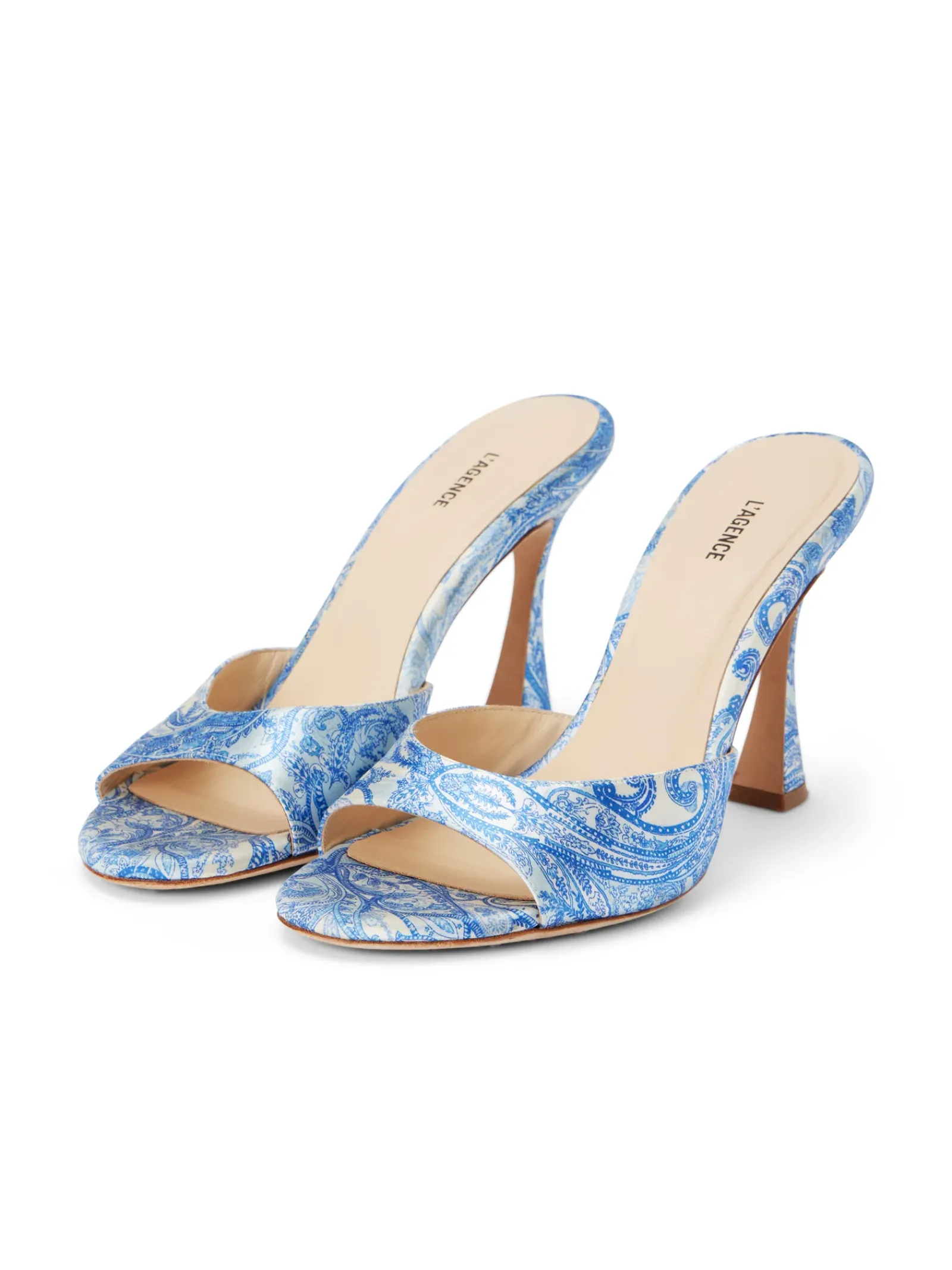 L'AGENCE Mules|Heels & Pumps|Avery Satin Peep-Toe Mule Blue Ivory Paisley Satin