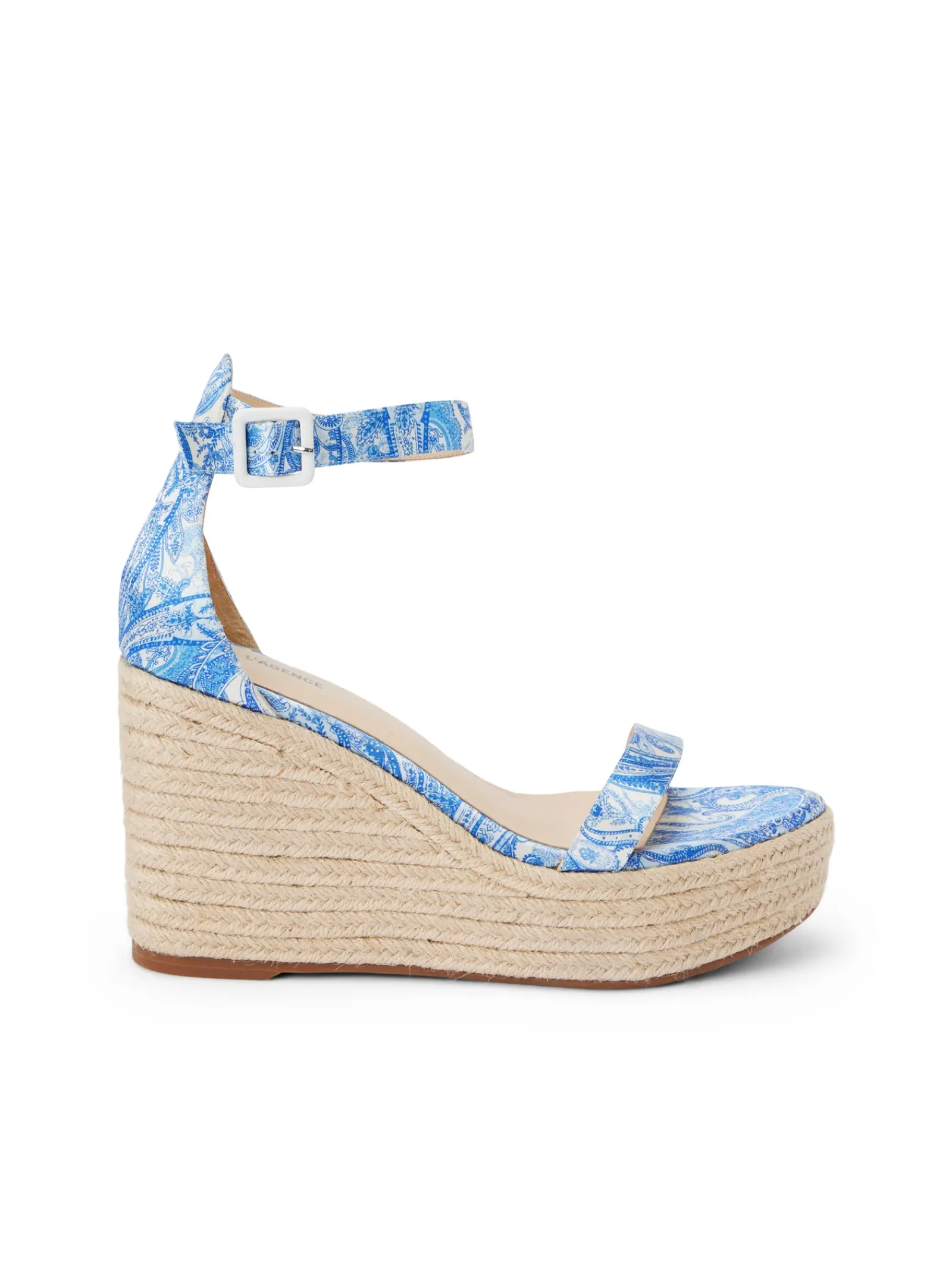 L'AGENCE Spring '24 Catalog|Heels & Pumps|Avice Wedge Espadrille Blue Ivory Paisley Satin