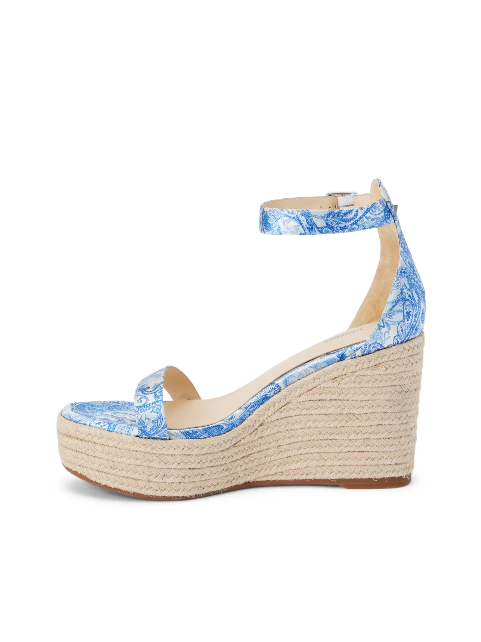L'AGENCE Spring '24 Catalog|Heels & Pumps|Avice Wedge Espadrille Blue Ivory Paisley Satin