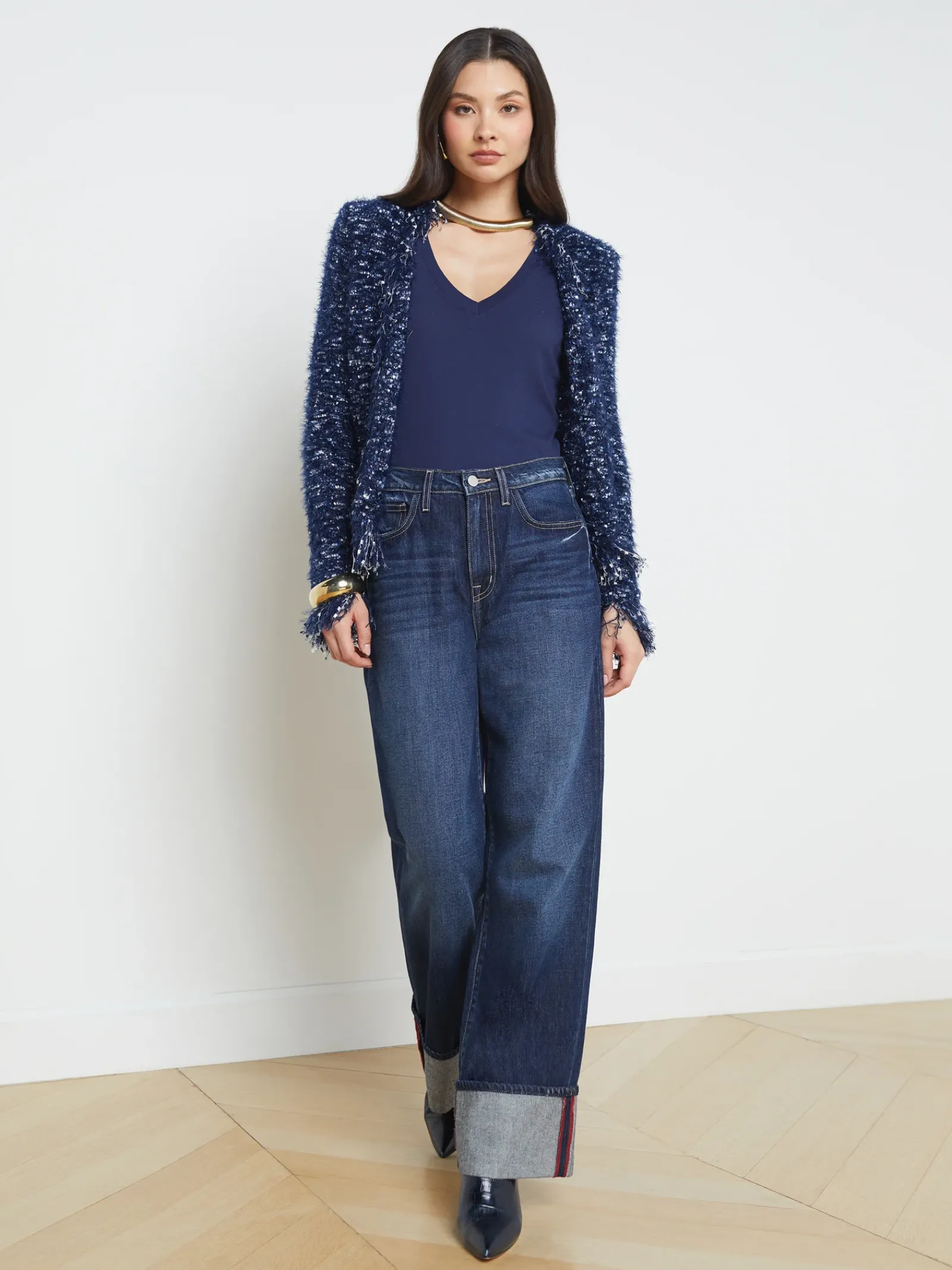 L'AGENCE Online Exclusives|Knitwear|Azure Fringe Cardigan Blazer Midnight Multi