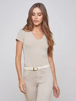 L'AGENCE Tees|Becca Cotton V-Neck Tee Biscuit