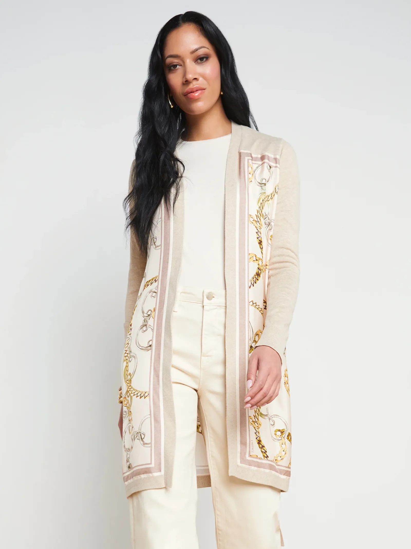 L'AGENCE Print Edition|Spring Collection|Beverly Silk Panel Cardigan Crema/Ecru Multi Oversized Chain Scarf
