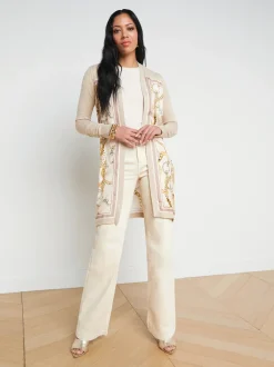 L'AGENCE Print Edition|Spring Collection|Beverly Silk Panel Cardigan Crema/Ecru Multi Oversized Chain Scarf