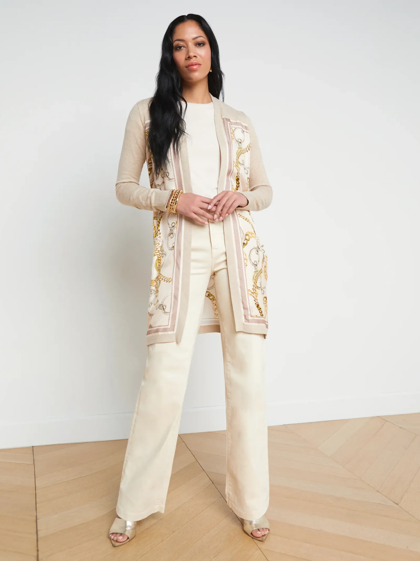 L'AGENCE Print Edition|Spring Collection|Beverly Silk Panel Cardigan Crema/Ecru Multi Oversized Chain Scarf