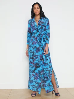L'AGENCE Spring Collection|Print Edition|Cameron Silk Maxi Shirt Dress Blue Multi Jungle Toile