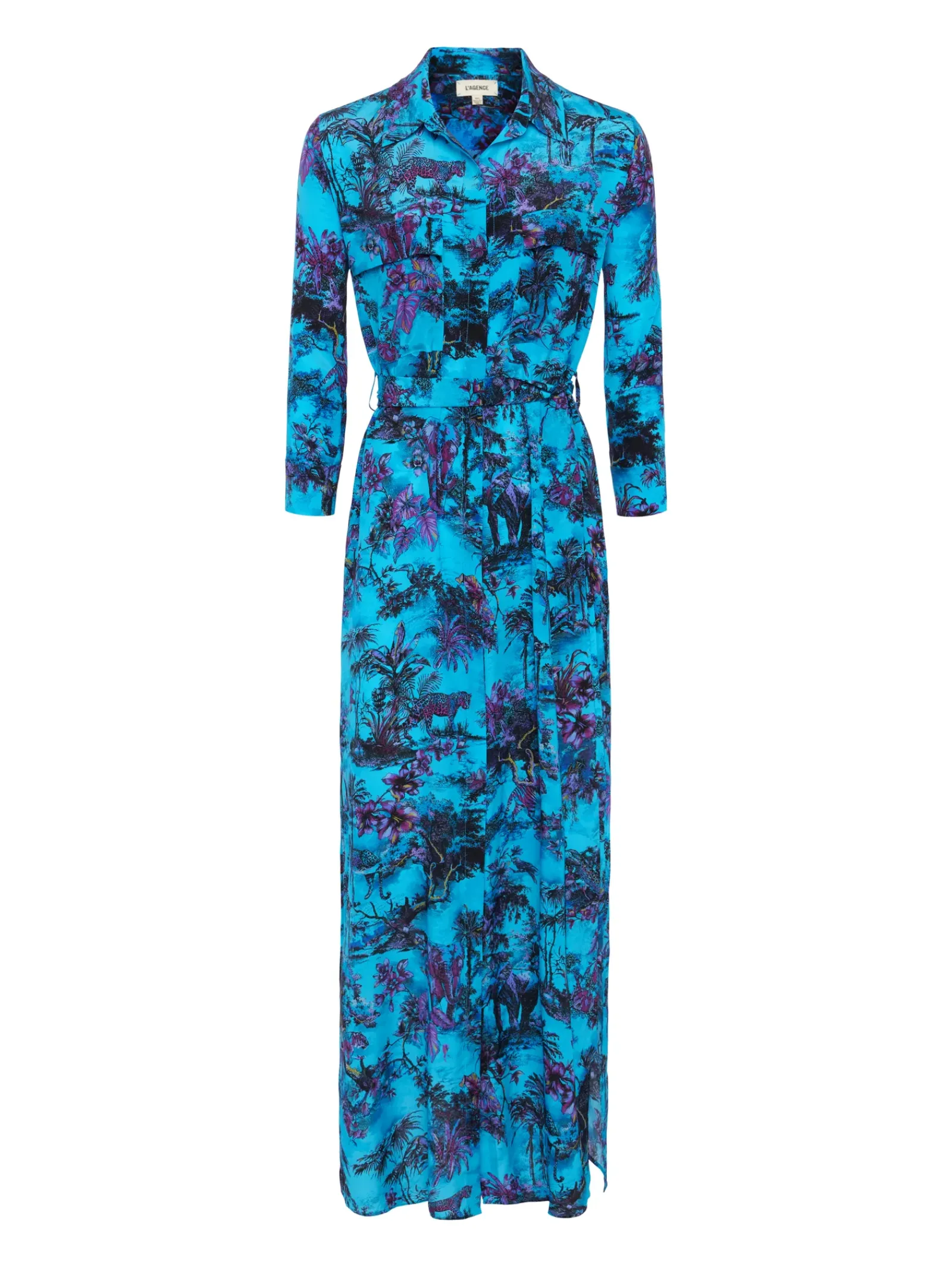 L'AGENCE Spring Collection|Print Edition|Cameron Silk Maxi Shirt Dress Blue Multi Jungle Toile