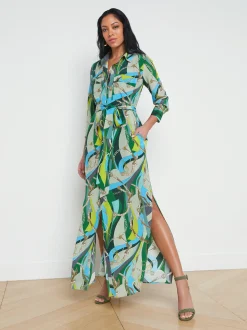 L'AGENCE Print Edition|Spring Collection|Cameron Silk Shirt Dress Sea Green Multi Belt Swirl