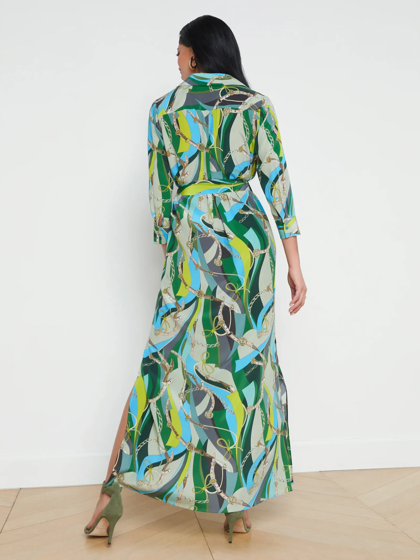 L'AGENCE Print Edition|Spring Collection|Cameron Silk Shirt Dress Sea Green Multi Belt Swirl