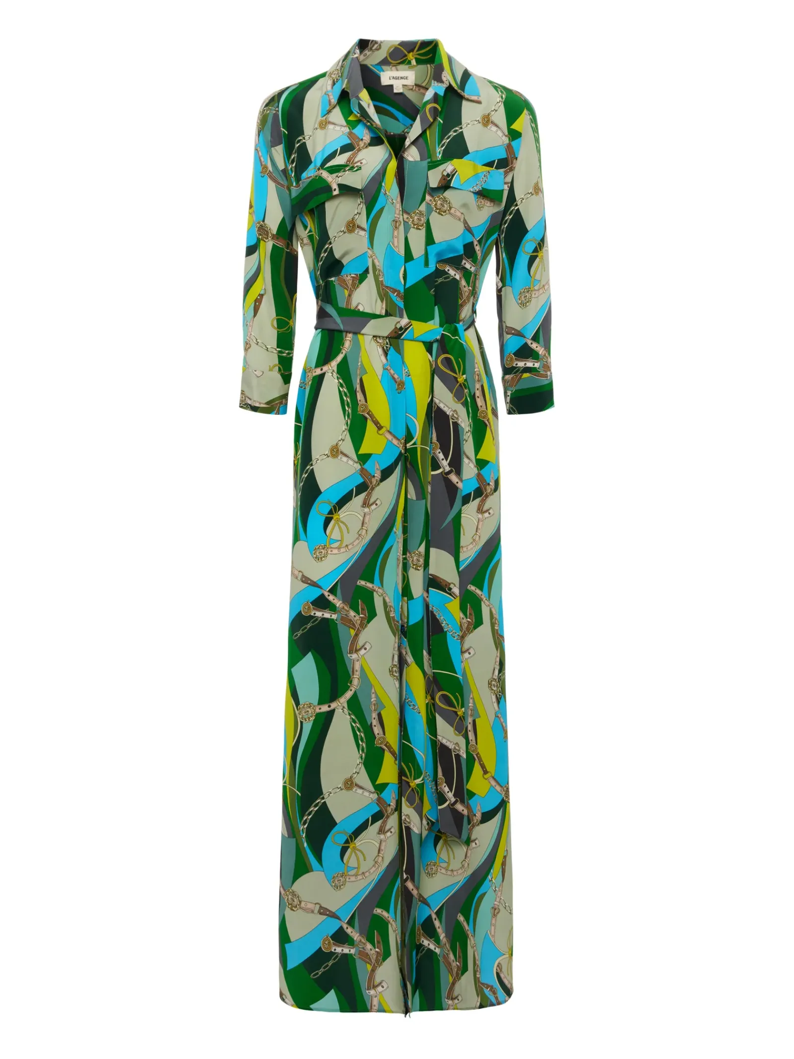 L'AGENCE Print Edition|Spring Collection|Cameron Silk Shirt Dress Sea Green Multi Belt Swirl