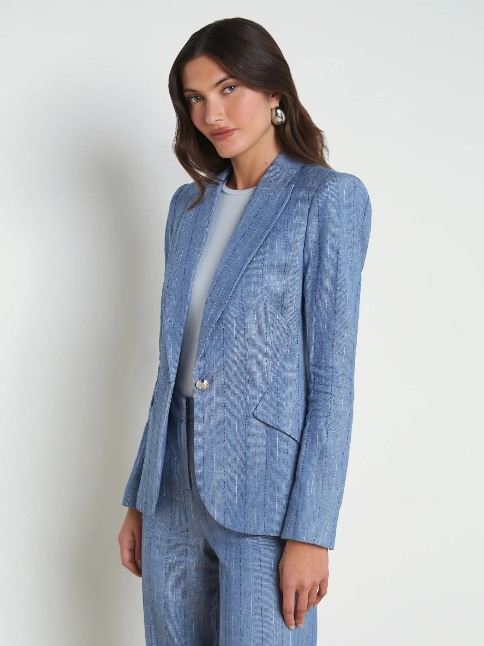 L'AGENCE Sets|Spring Collection|Chamberlain Linen-Blend Blazer Slate Blue Pinstripe