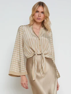 L'AGENCE Online Exclusives|Spring Collection|Charlize Tie-Front Blouse Almond/Champagne Stripe