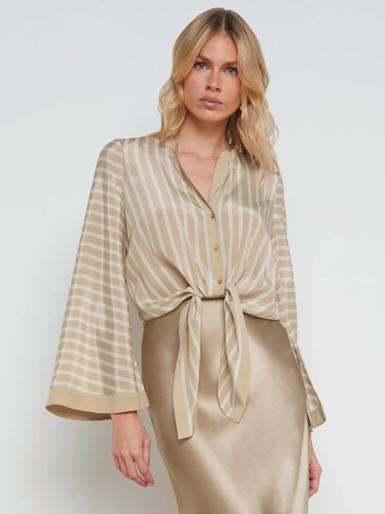 L'AGENCE Online Exclusives|Spring Collection|Charlize Tie-Front Blouse Almond/Champagne Stripe