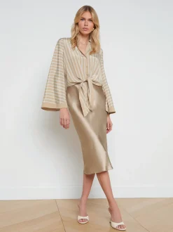 L'AGENCE Online Exclusives|Spring Collection|Charlize Tie-Front Blouse Almond/Champagne Stripe