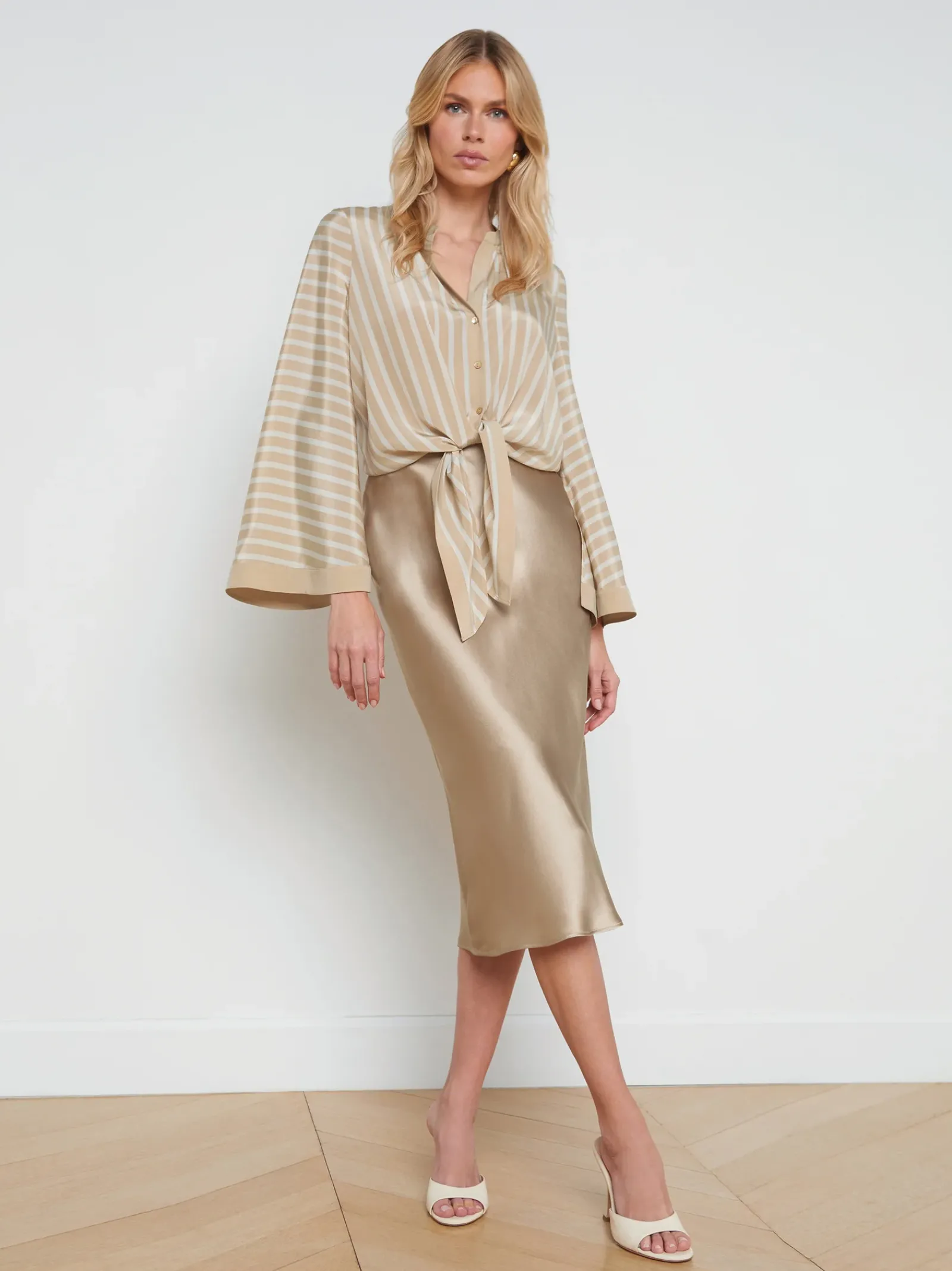 L'AGENCE Online Exclusives|Spring Collection|Charlize Tie-Front Blouse Almond/Champagne Stripe