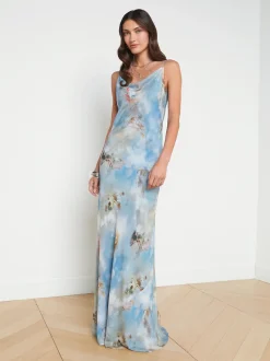 L'AGENCE Spring '24 Catalog|Print Edition|Christine Silk Dress Light Blue Multi Renaissance