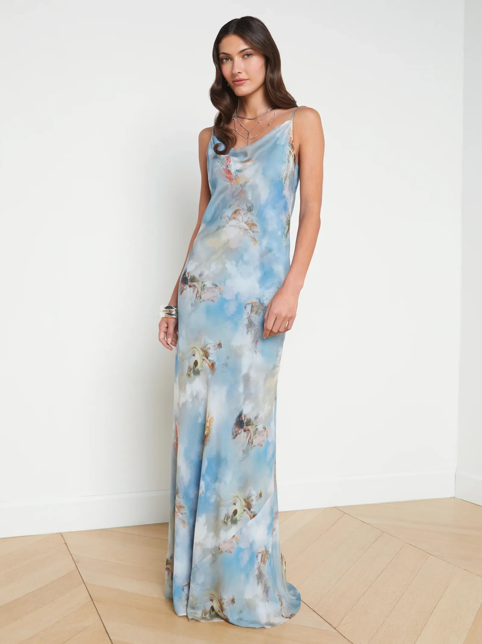 L'AGENCE Spring '24 Catalog|Print Edition|Christine Silk Dress Light Blue Multi Renaissance