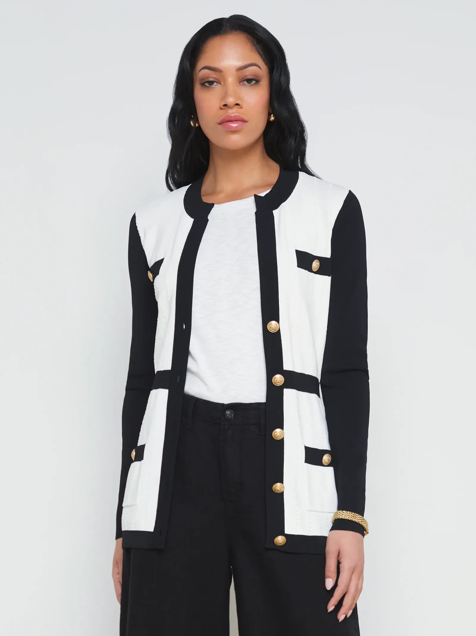 L'AGENCE Spring Collection|Knitwear|Clover Contrast-Trim Cardigan White/Black