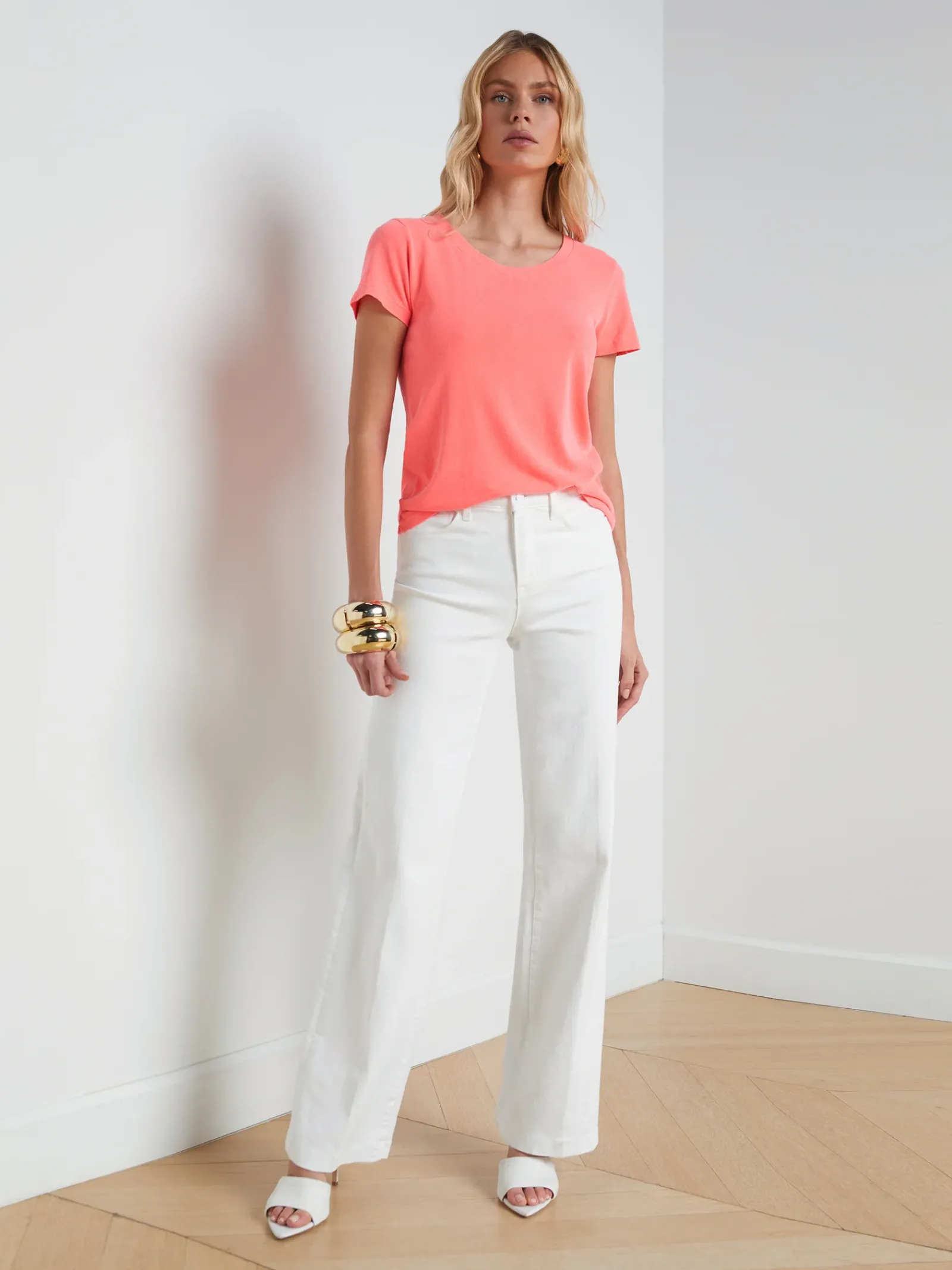 L'AGENCE Spring Collection|Tees|Cory Cotton Scoopneck Tee Neon Coral
