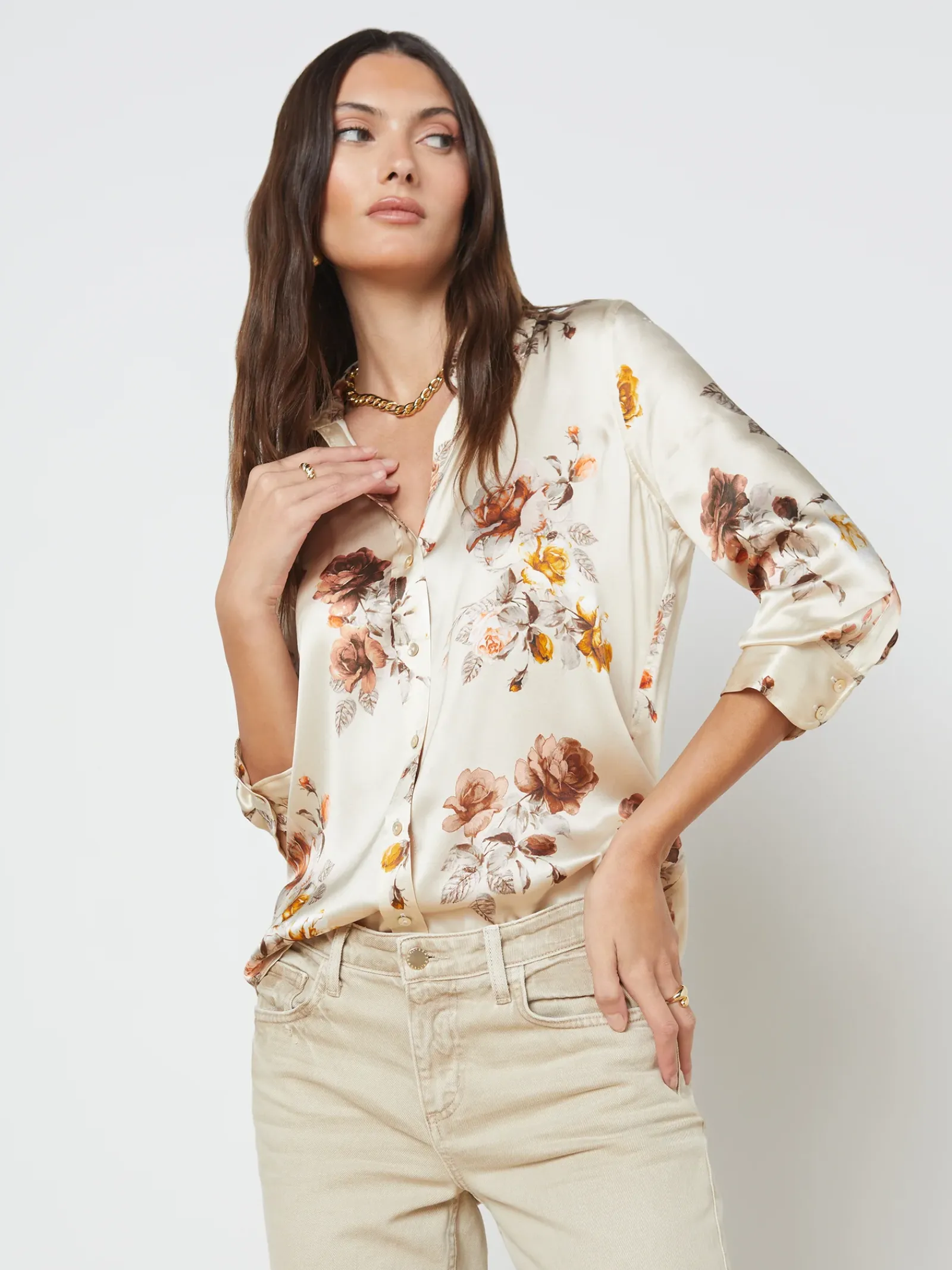 L'AGENCE Resort Collection|Print Edition|Dani Silk Blouse Buff Multi Tonal Rose Floral