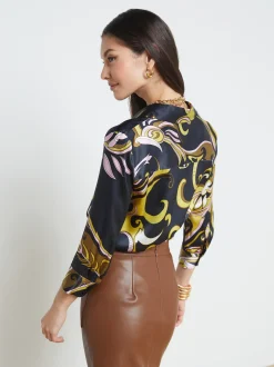 L'AGENCE Resort Collection|Print Edition|Dani Silk Blouse Olive Multi Abstract Scarf