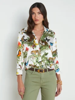L'AGENCE Print Edition|Spring Collection|Dani Silk Blouse White Multi Butterfly Tiger Jungle