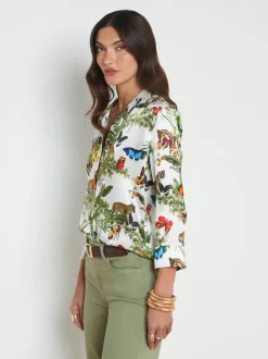 L'AGENCE Print Edition|Spring Collection|Dani Silk Blouse White Multi Butterfly Tiger Jungle