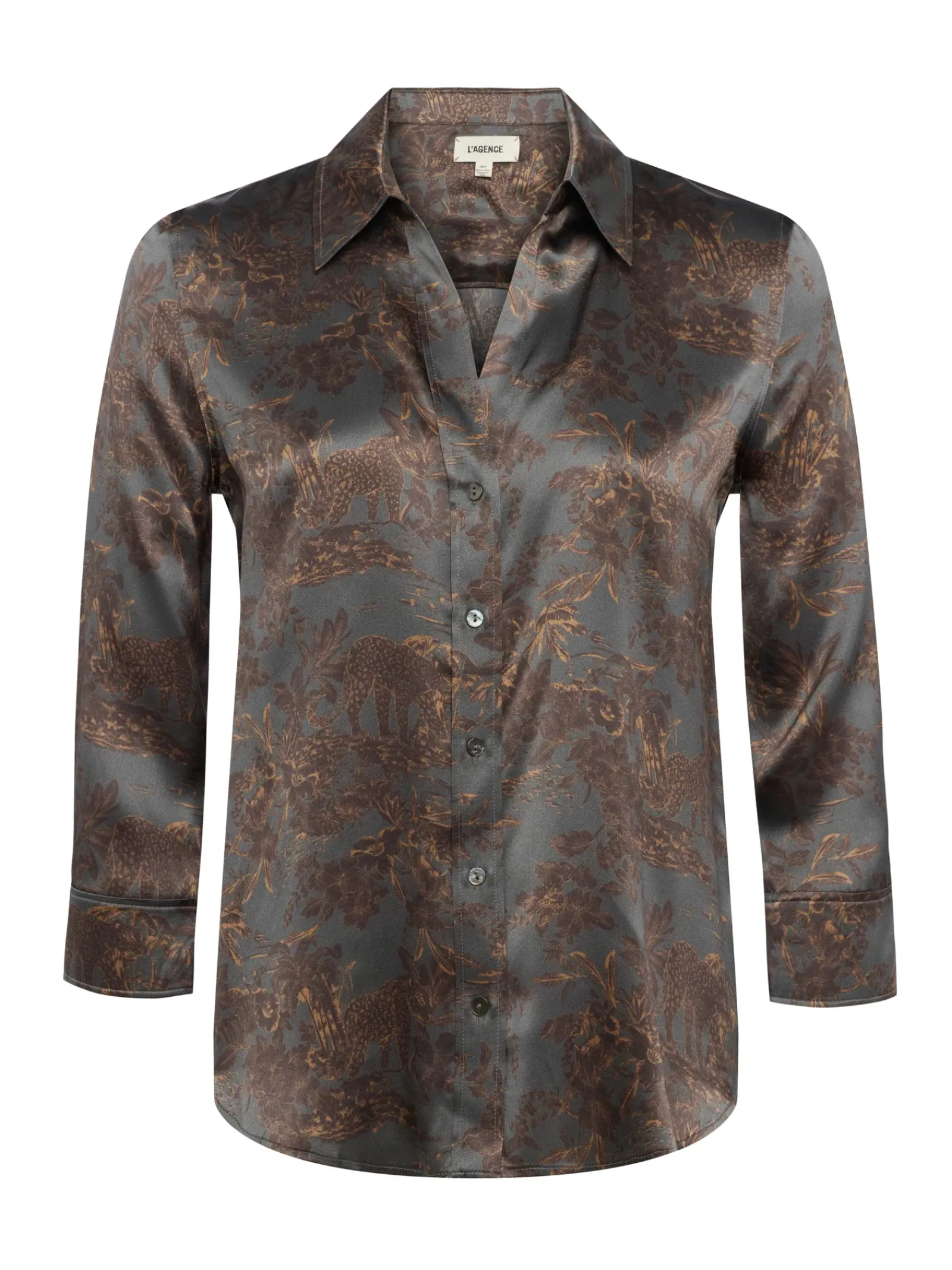 L'AGENCE Print Edition|Silks|Dani Silk Blouse Charcoal Multi Safari Scenic