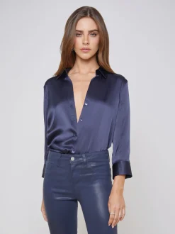 L'AGENCE Back in Stock|Silks|Dani Silk Blouse Midnight