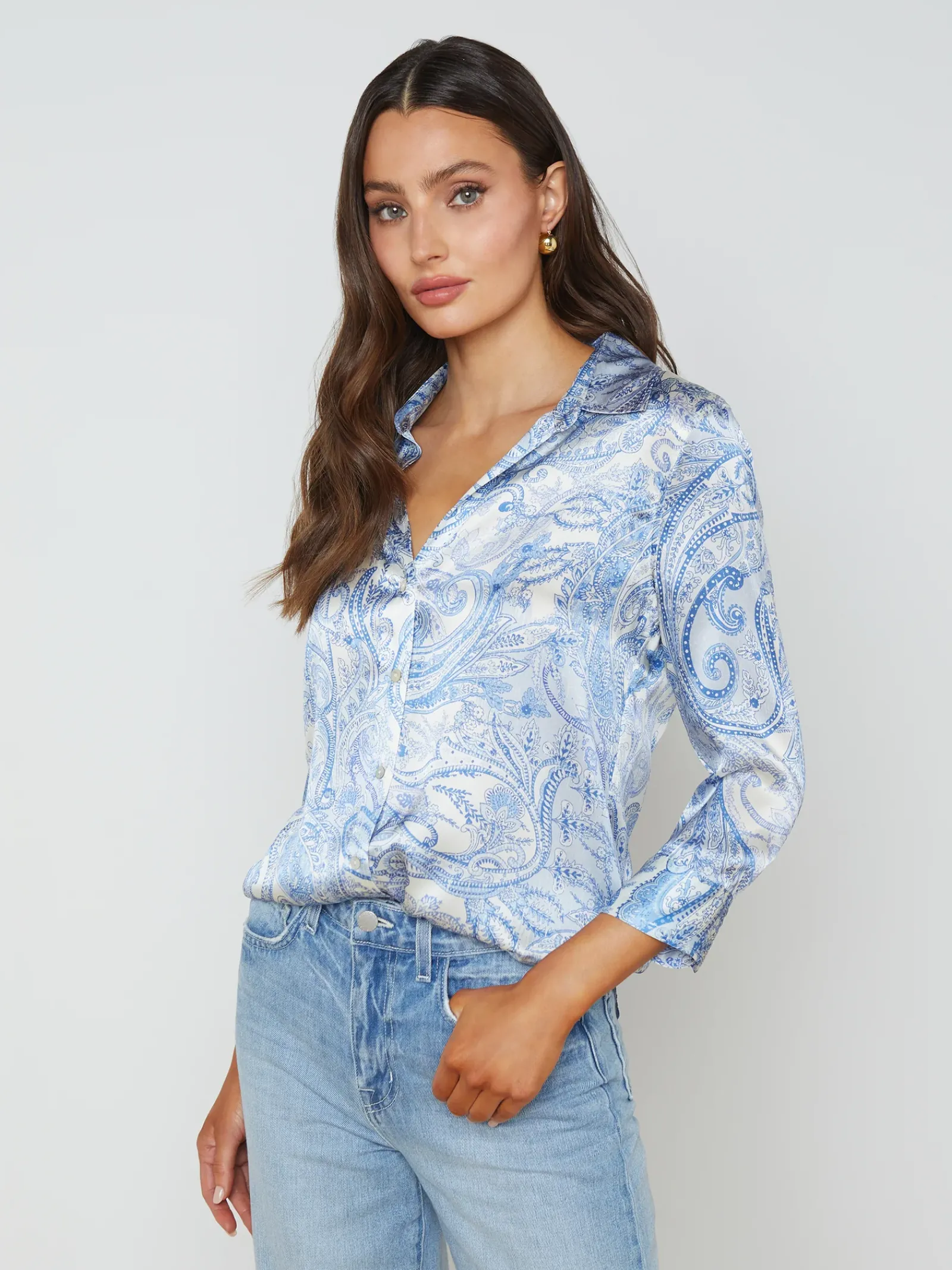 L'AGENCE Spring '24 Catalog|Print Edition|Dani Silk Blouse Ivory/Blue Decorated Paisley