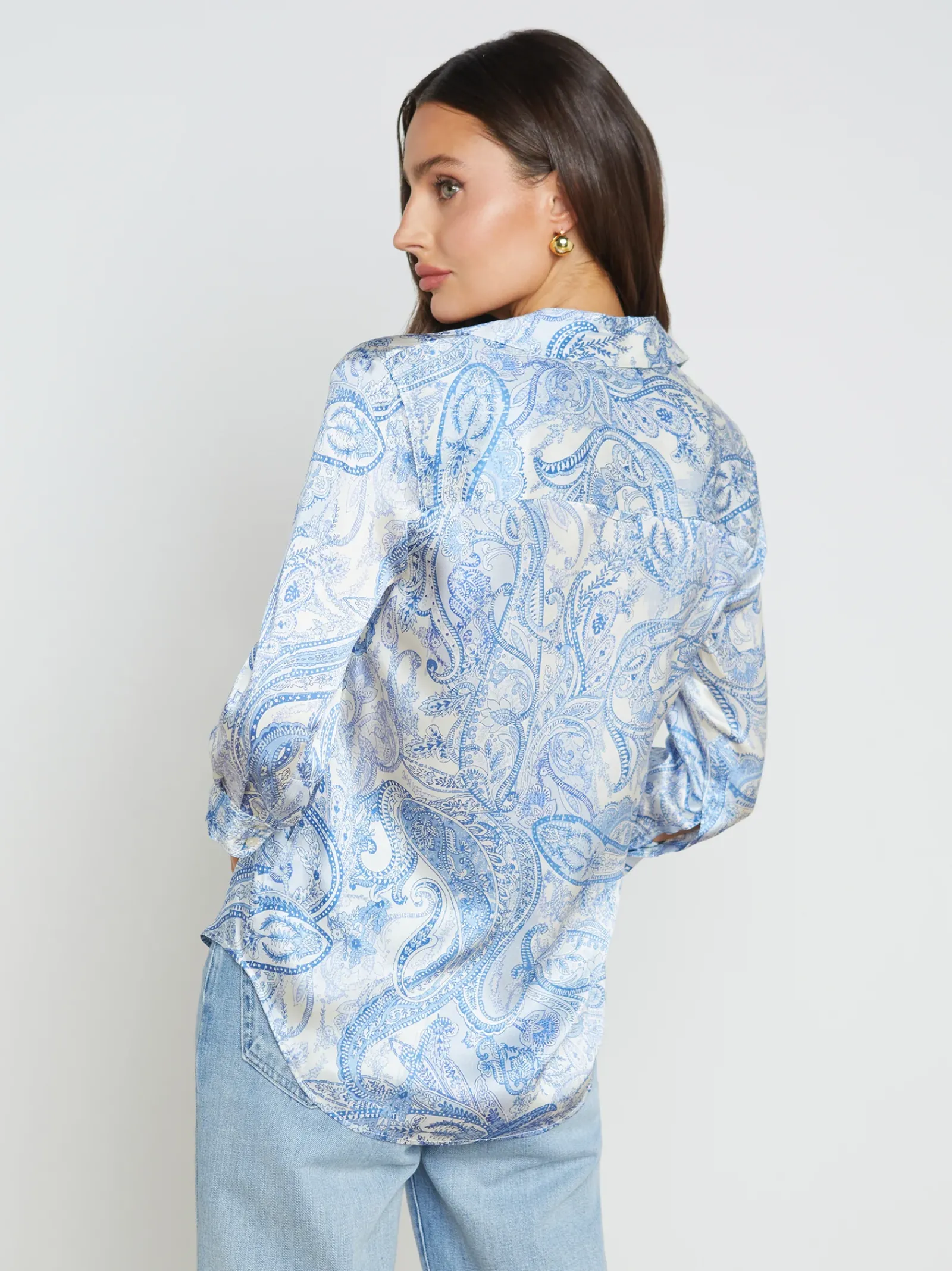 L'AGENCE Spring '24 Catalog|Print Edition|Dani Silk Blouse Ivory/Blue Decorated Paisley