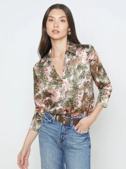 L'AGENCE Print Edition|Blouses & Tops|Dani Silk Blouse Light Pink Multi Palm Leopard