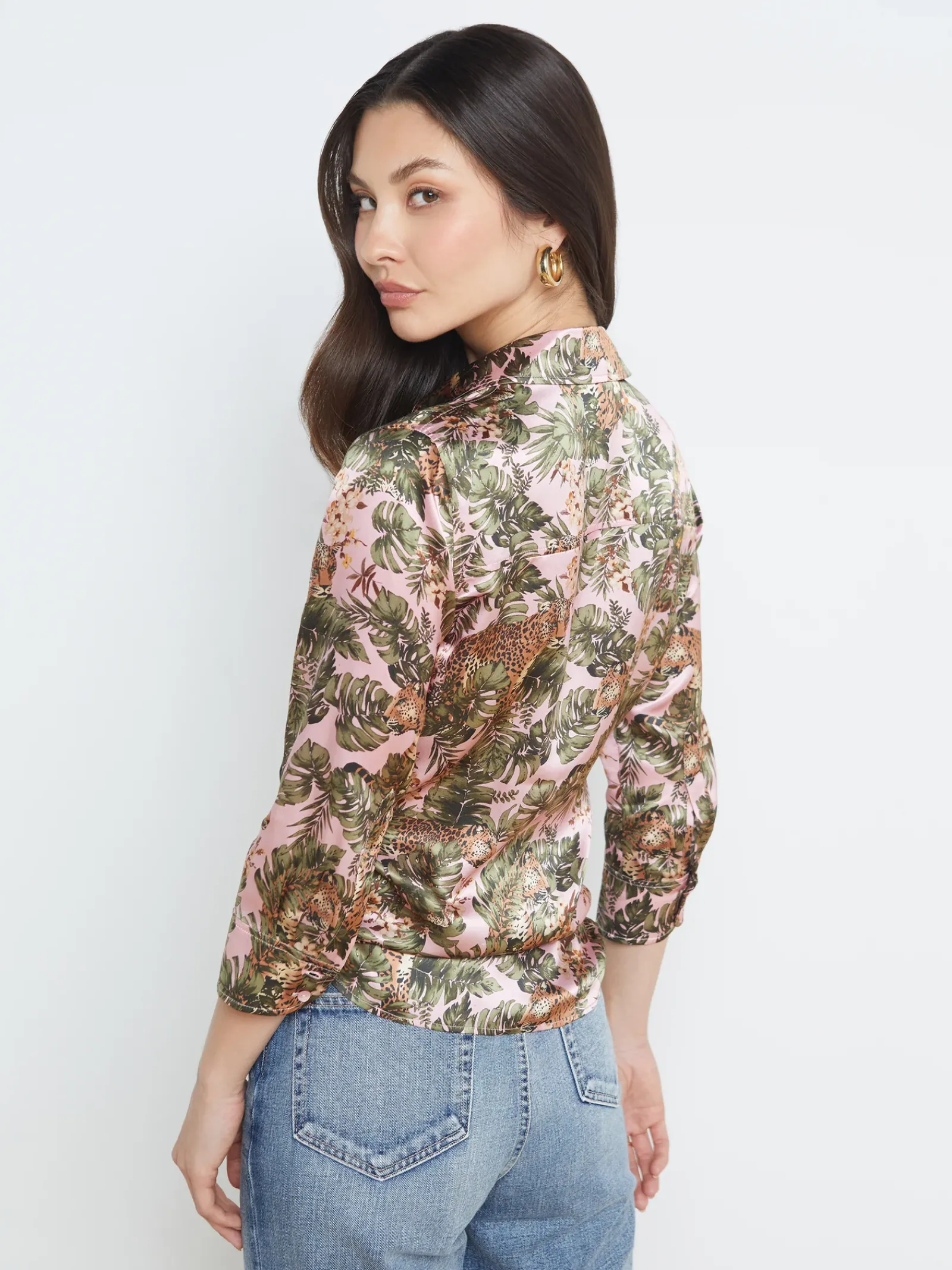 L'AGENCE Print Edition|Blouses & Tops|Dani Silk Blouse Light Pink Multi Palm Leopard