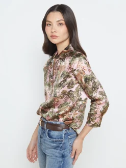 L'AGENCE Print Edition|Blouses & Tops|Dani Silk Blouse Light Pink Multi Palm Leopard