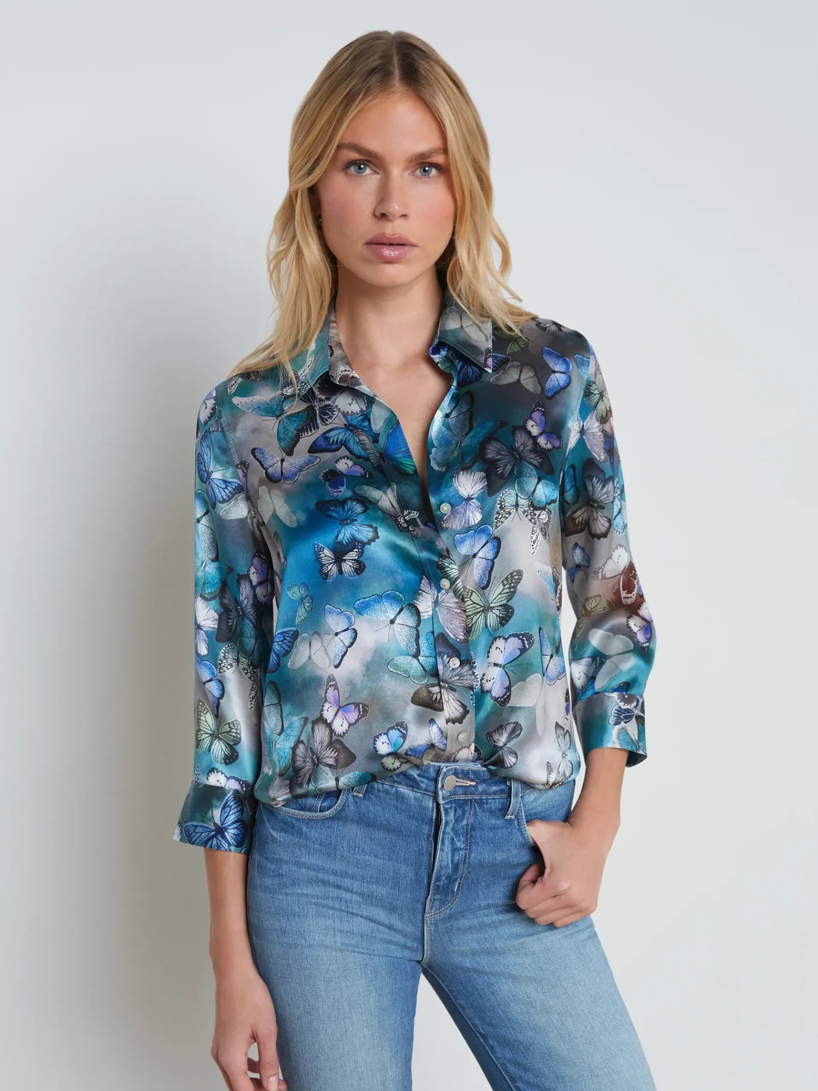 L'AGENCE Spring Collection|Print Edition|Dani Silk Blouse Blue Multi Cloud Butterfly