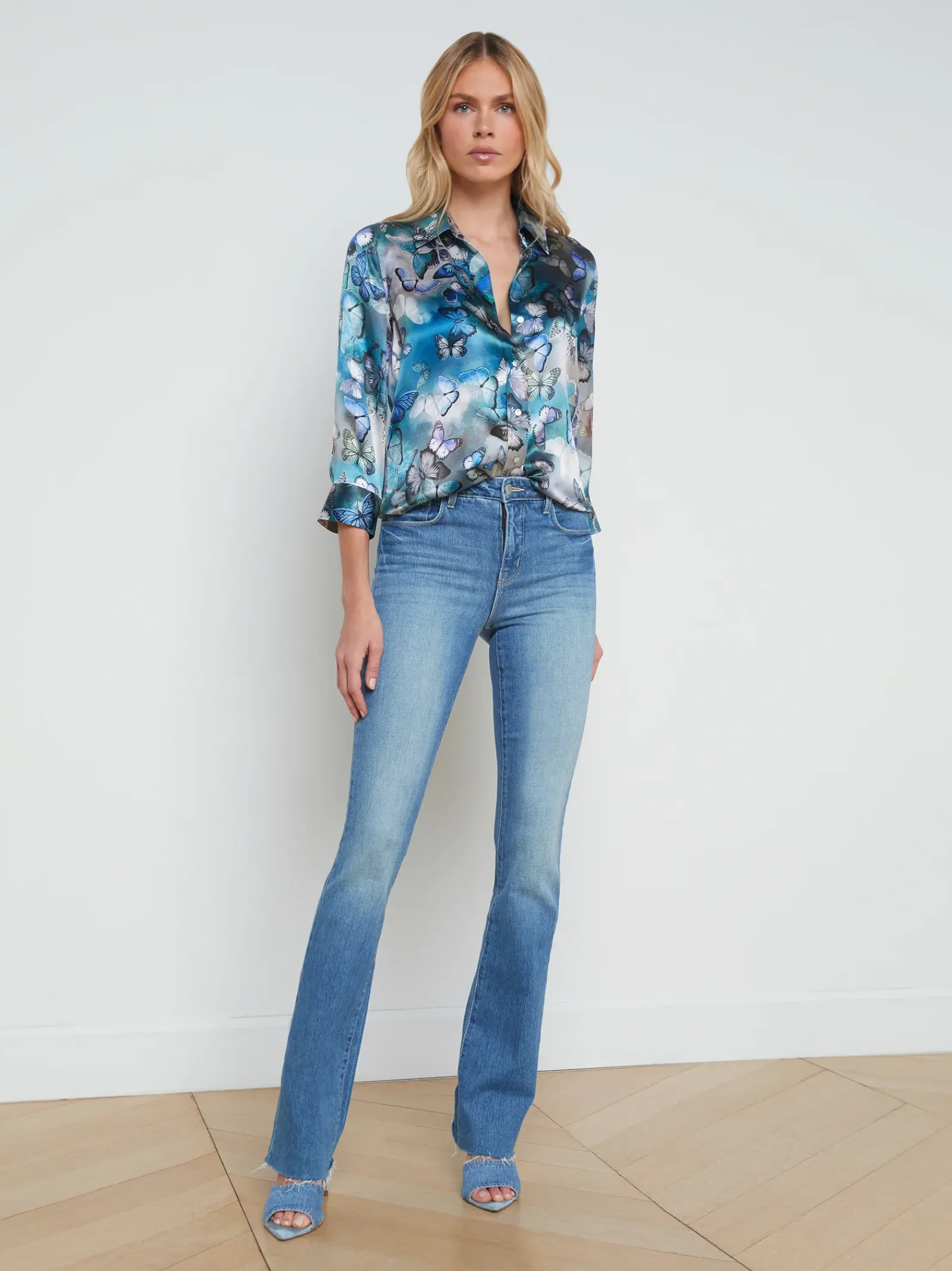 L'AGENCE Spring Collection|Print Edition|Dani Silk Blouse Blue Multi Cloud Butterfly