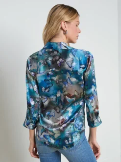 L'AGENCE Spring Collection|Print Edition|Dani Silk Blouse Blue Multi Cloud Butterfly