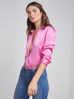 L'AGENCE Online Exclusives|Back in Stock|Dani Silk Blouse Magenta Pink
