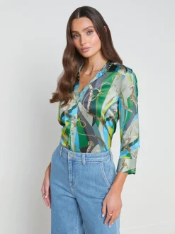 L'AGENCE Print Edition|Spring Collection|Dani Silk Blouse Sea Green Multi Belt Swirl
