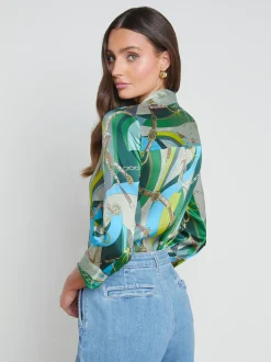 L'AGENCE Print Edition|Spring Collection|Dani Silk Blouse Sea Green Multi Belt Swirl
