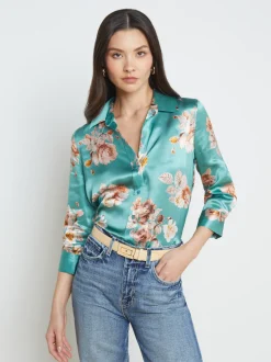 L'AGENCE Print Edition|Silks|Dani Silk Blouse Green Jasper Multi Tonal Rose Floral