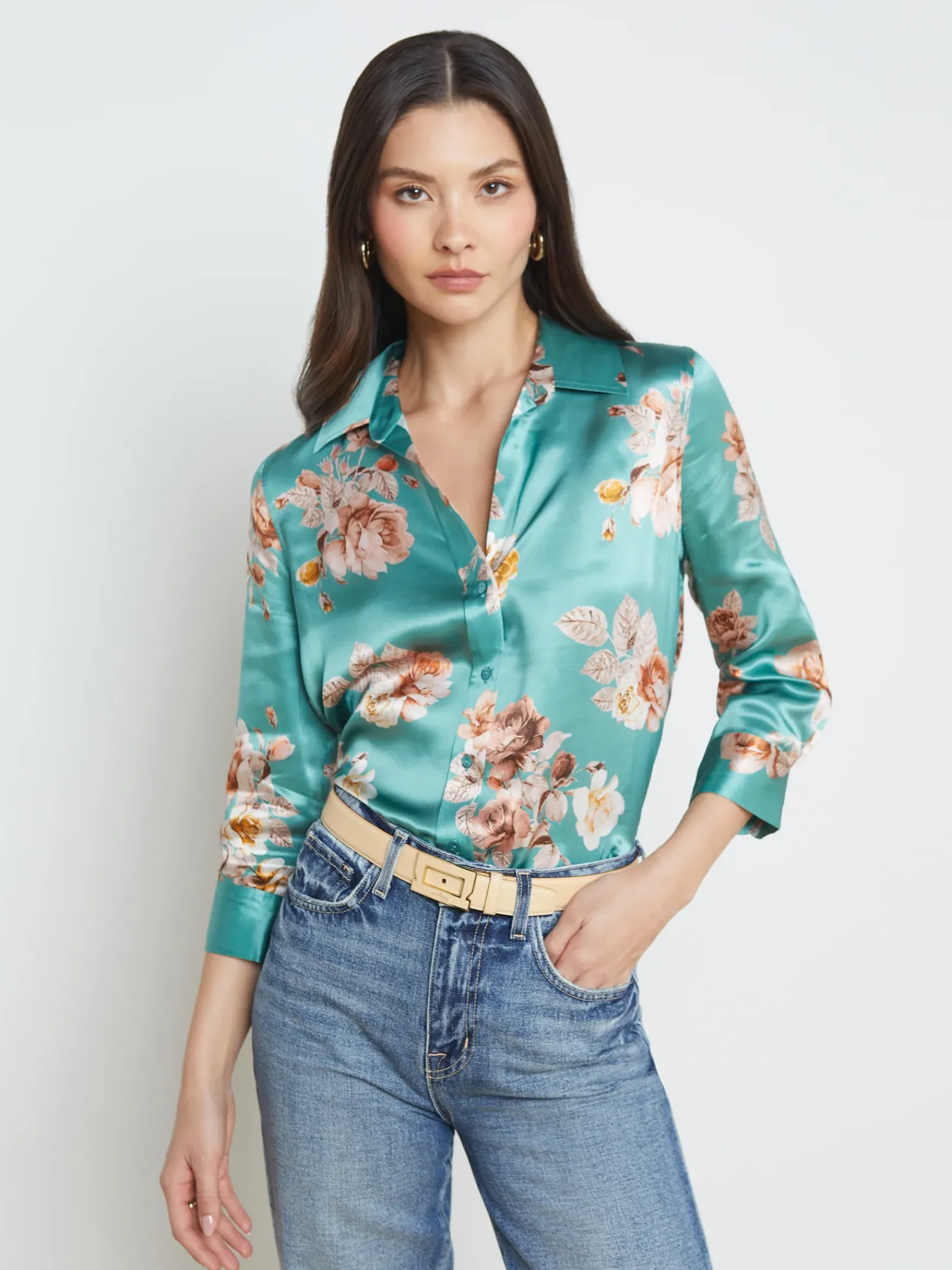 L'AGENCE Print Edition|Silks|Dani Silk Blouse Green Jasper Multi Tonal Rose Floral