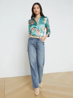 L'AGENCE Print Edition|Silks|Dani Silk Blouse Green Jasper Multi Tonal Rose Floral