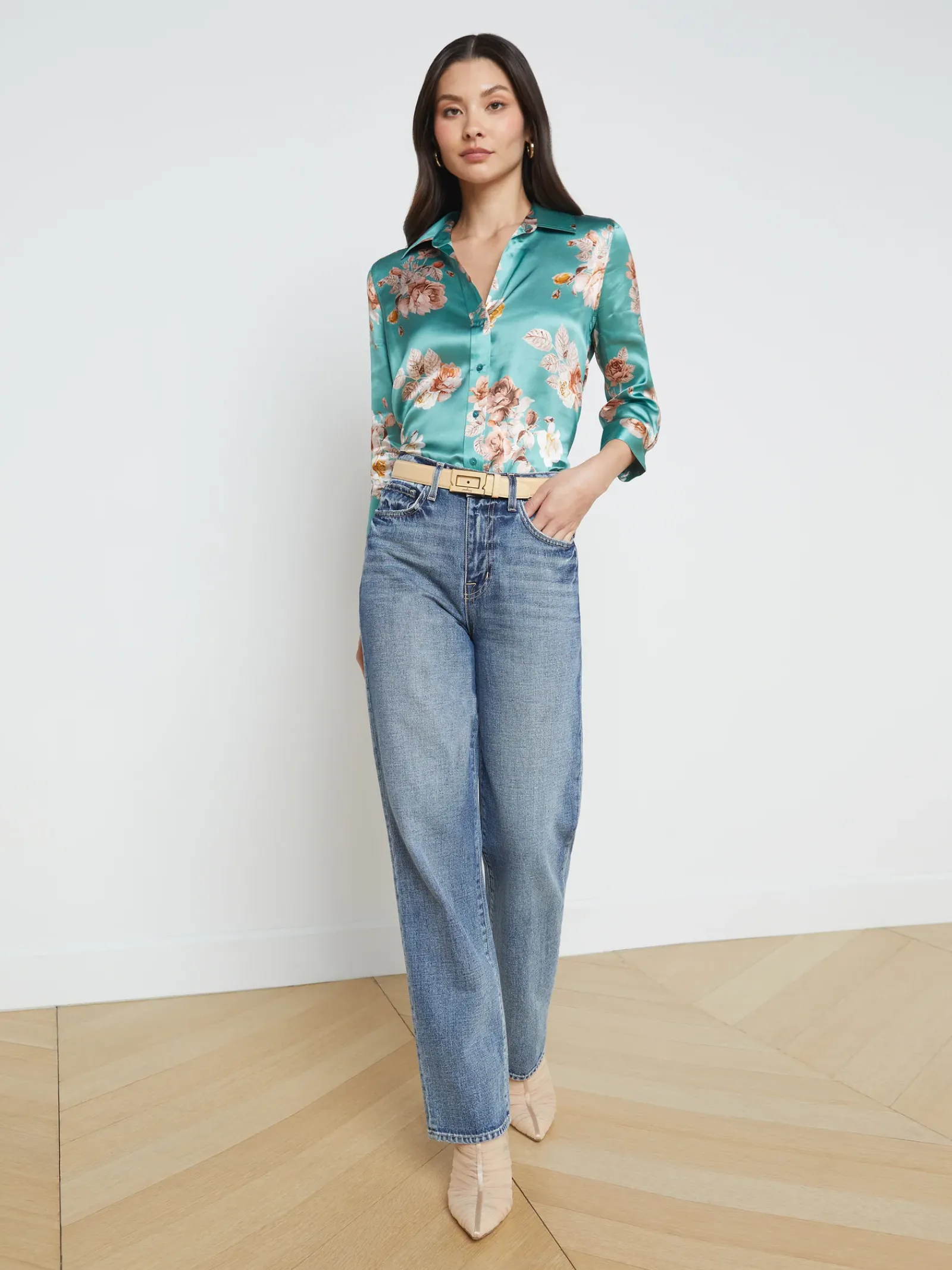 L'AGENCE Print Edition|Silks|Dani Silk Blouse Green Jasper Multi Tonal Rose Floral